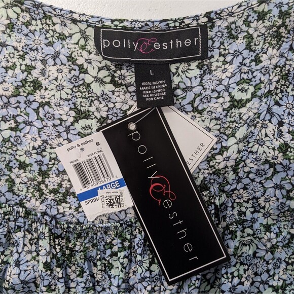 Polly & Esther Ditsy Floral Smocked L Large Long Sleeve Rayon Shirt Top NWT New - Picture 7 of 9